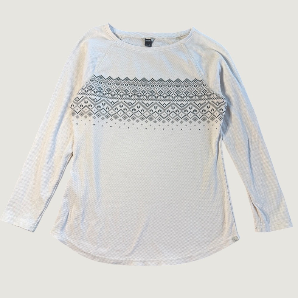 Eddie Bauer Womens Thermal Top White Fair Isle Waffle Knit Long Sleeve Ski Layer